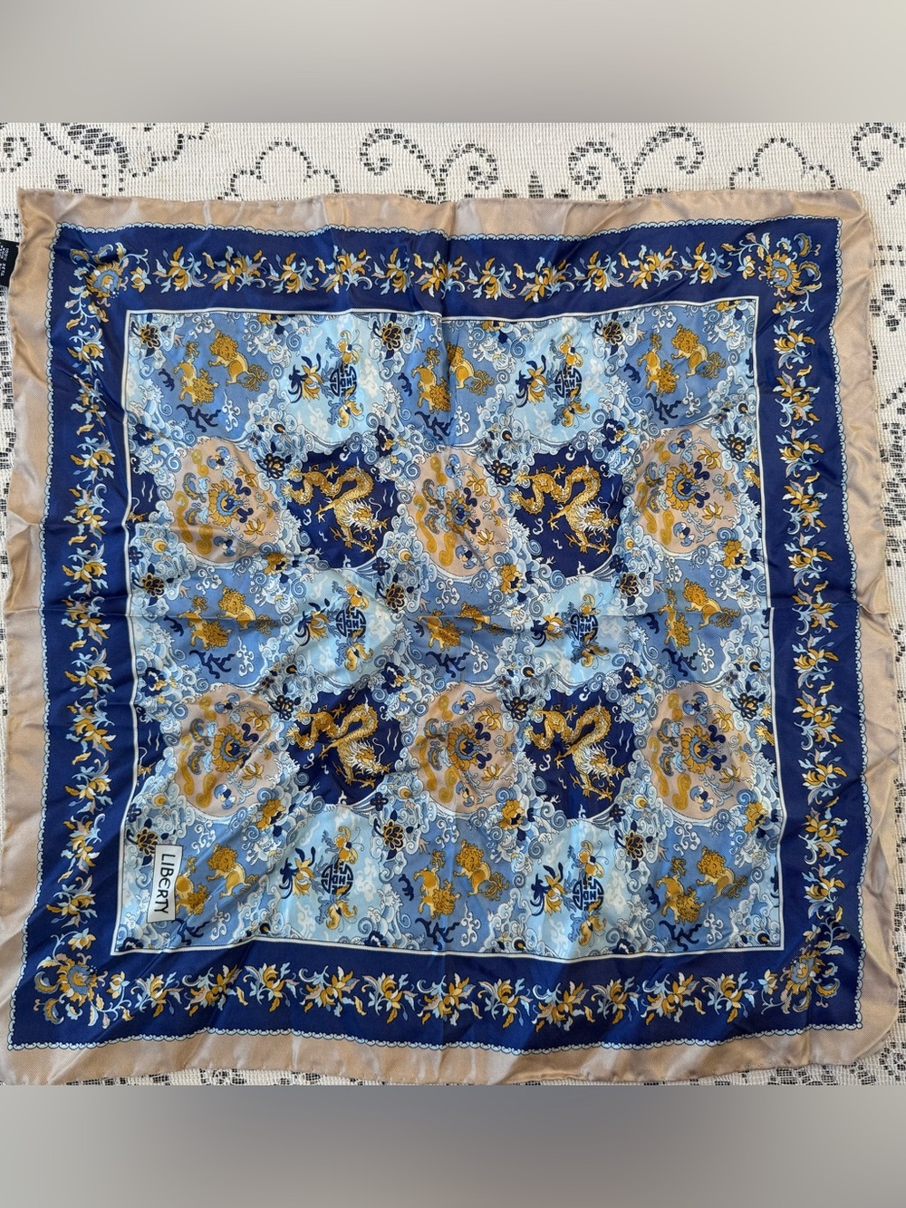 Liberty of London Vintage 100% Silk Scarf Chinoiserie Dragon Blue Gold 16”